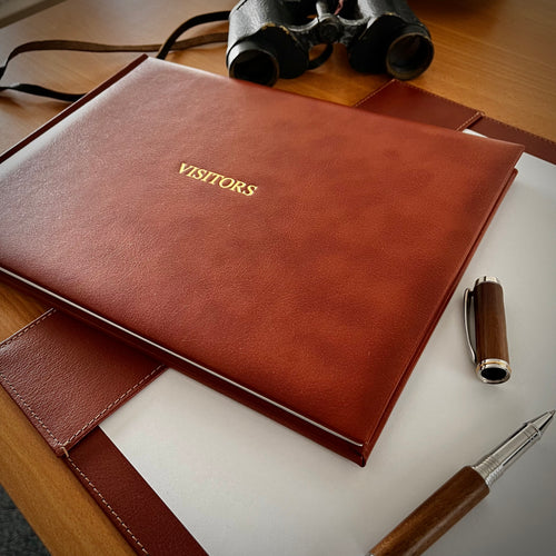 Mid Brown Personalised Visitor and Guest book made in recycled leather, British made, hand bound luxury stationery