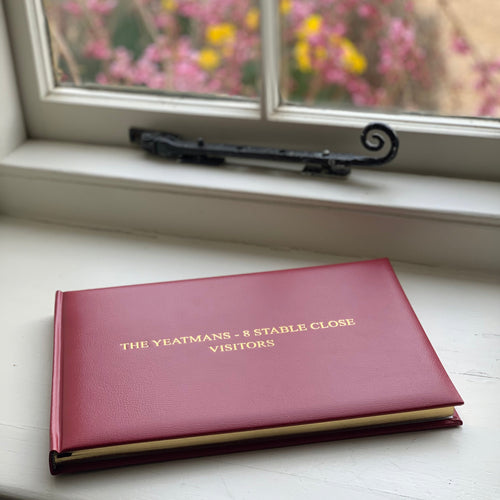 recycled leather personalised gilded visitor guest book claret