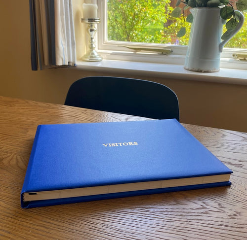 Bright Blue Buckram Visitor Guest Book Personliase