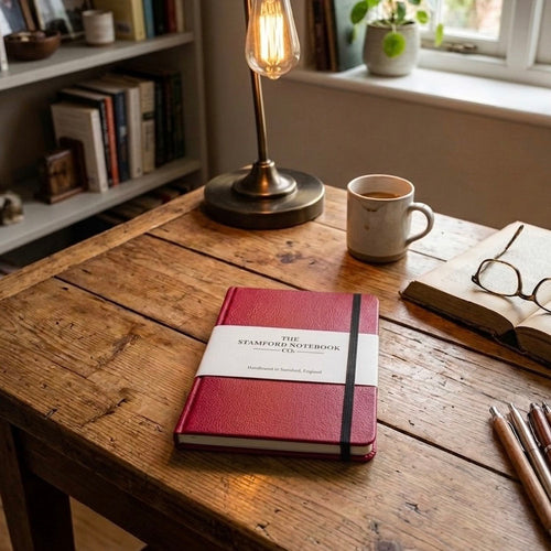 The Recycled Leather Notebook in Claret. British made and personalised or branded