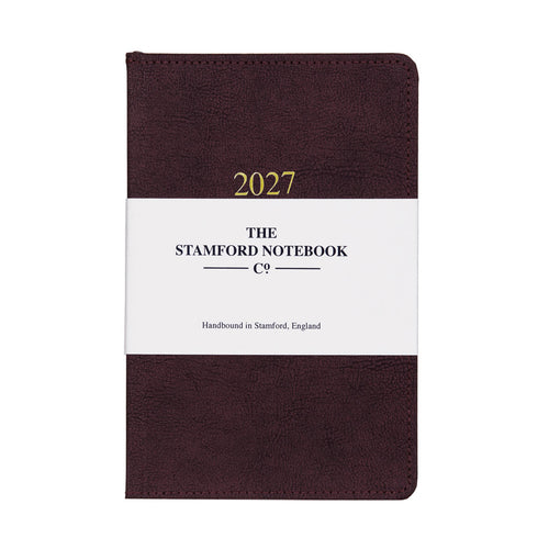 Recycled vintage Leather 2027 diary in plum. Week to page and week to view