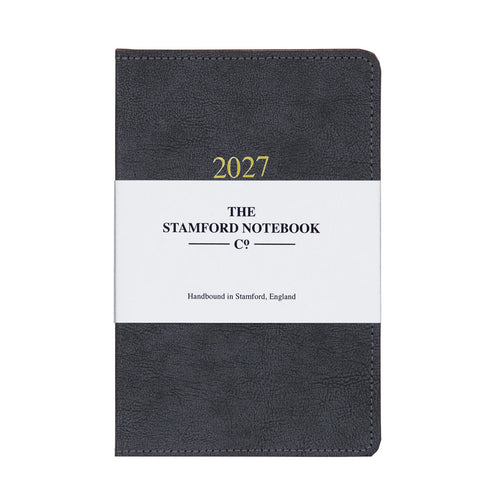 Recycled vintage Leather 2027 diary in charcoal. Week to page and week to view