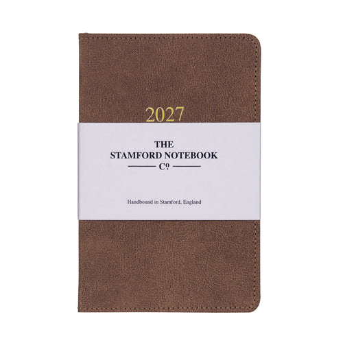 Recycled vintage Leather 2027 diary in chestnut. Week to page and week to view