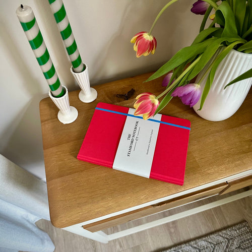 Lipstick Woven Cloth Notebook with turquoise trim, british made, handbound and personalised stationery